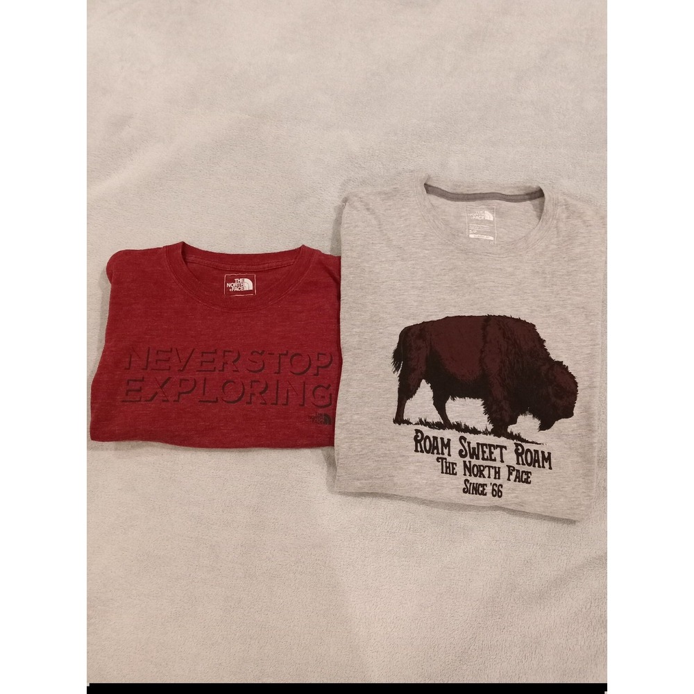 2 Mens North Face T Shirts Gray Red Small Never Stop Exploring Roam Sweet Roam